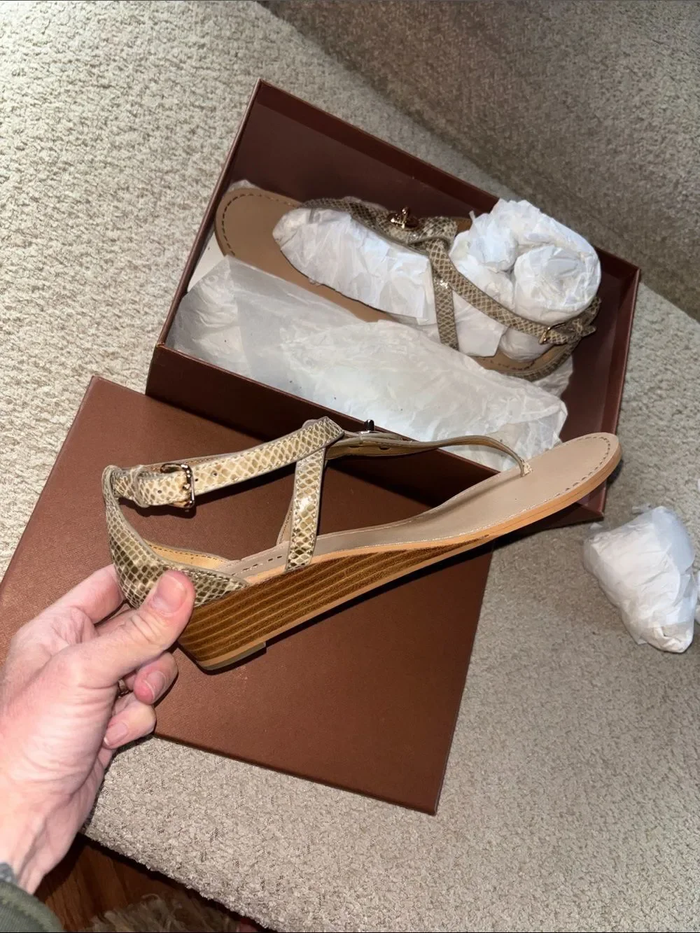 Coach Taupe Snake-Print Wedge Sandals with Ankle Strap
